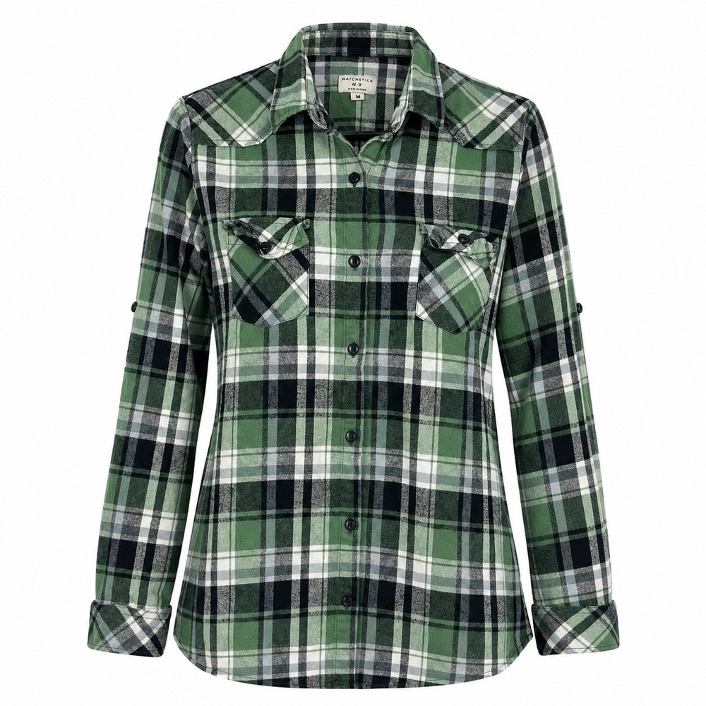 Matchstick Women's Sz M Argus Flannel Shirt Plaid Cotton Roll Tab Sleeve Outdoor